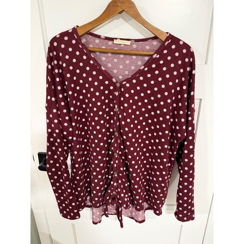 Sienna Sky Burgundy Polka Dot Tie Front Button Up Cardigan Top Womens XXL